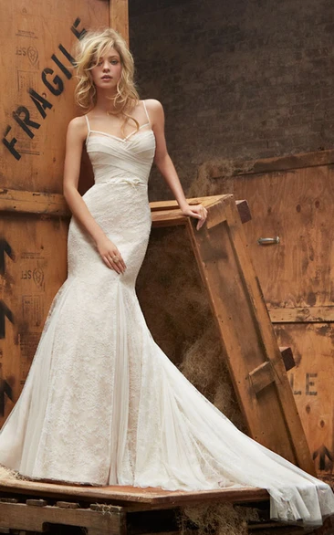 Gorgeous Spaghetti Strap Lace Fit and Flare Gown With Bow and Ruched Bodice