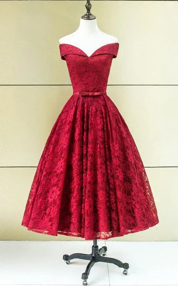 A-Line Off-the-Shoulder Bowknot Lace Sashes Tea-Length Prom Dress