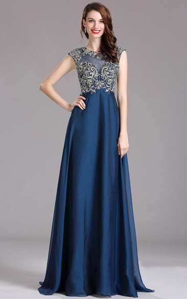 Empire Sweep Bateau Short Sleeve Empire Taffeta Appliques Zipper Dress