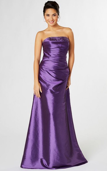 Strapless Beaded Satin Bridesmaid Dress With Ruching And Corset Back