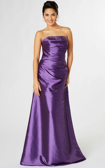 Strapless Beaded Satin Bridesmaid Dress With Ruching And Corset Back
