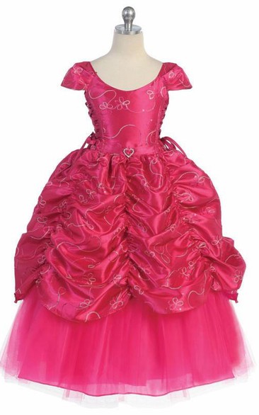 Ankle-Length Tiered Embroideried Lace&Taffeta Flower Girl Dress With Broach