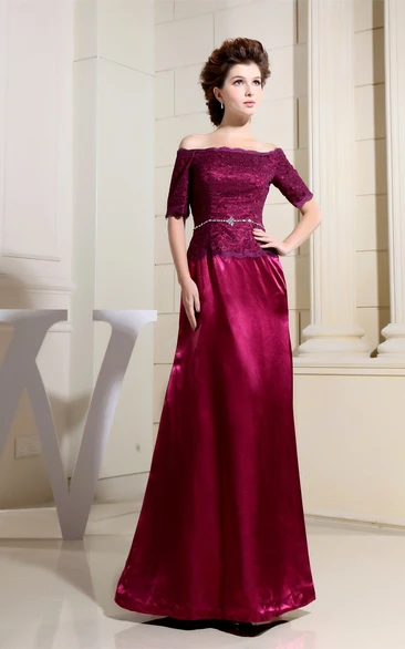Off-The-Shoulder Satin Sheath Mini-Sleeve Gown With Appliqued Top
