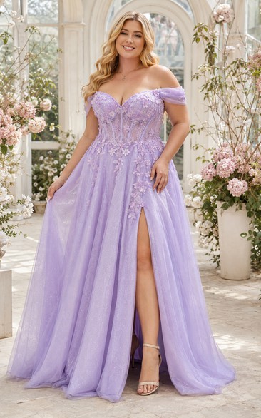 Lavender Plus Size Off Shoulder A-Line Tulle Prom Dress with Slit for Prom Evening and Formal Reception Events