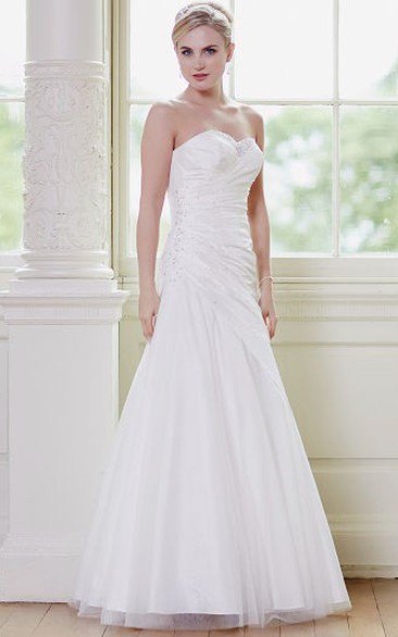 A-Line Beaded Sweetheart Tulle Wedding Dress With Criss Cross And Flower