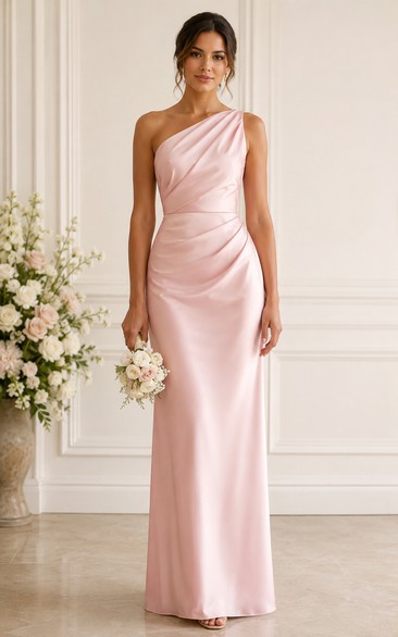 Pearl Pink One-Shoulder Satin Sheath Bridesmaid Dress