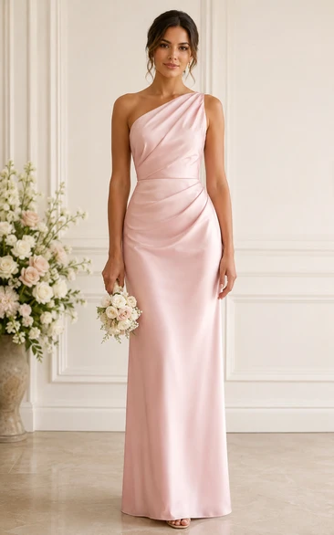 Pearl Pink One-Shoulder Satin Sheath Bridesmaid Dress