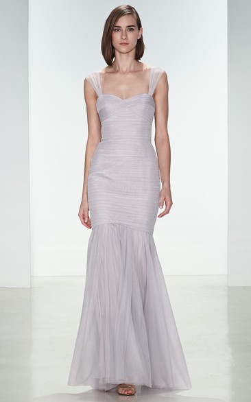 Ankle-Length Mermaid Strapped Ruched Sleeveless Tulle Bridesmaid Dress