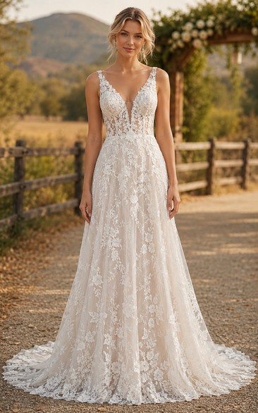 V-Neck A-Line Lace Country Wedding Dress with Low Back and Chapel Train