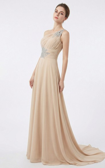 One-Shoulder Beaded Gown with Sweep Train