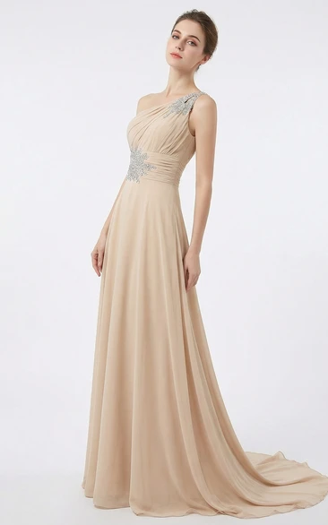 One-Shoulder Beaded Gown with Sweep Train