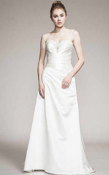 Long Draped Sweetheart Satin Wedding Dress With Beading