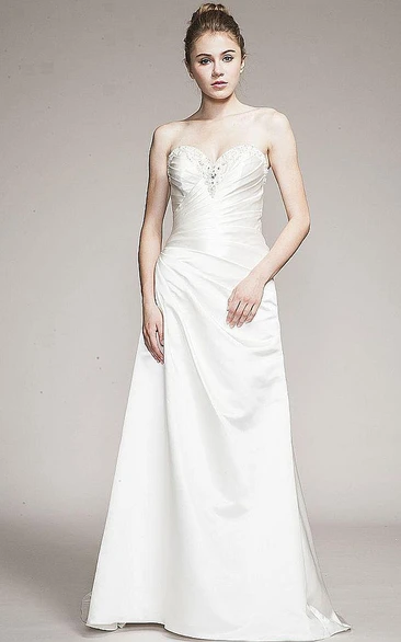 Long Draped Sweetheart Satin Wedding Dress With Beading