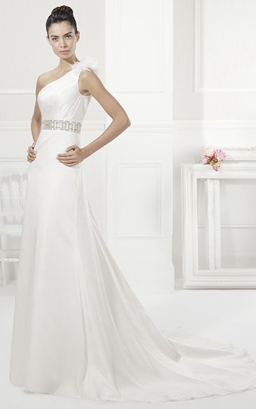 Organza Flower Single Strap Sheath Bridal Gown With Beaded Sash