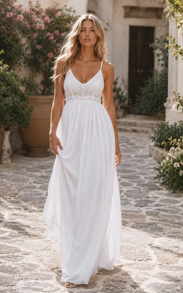 White Spaghetti Strap V-Neck Chiffon Beach Wedding Dress