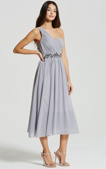 Tea-Length Sleeveless One-Shoulder Ruched Chiffon Bridesmaid Dress With Beading