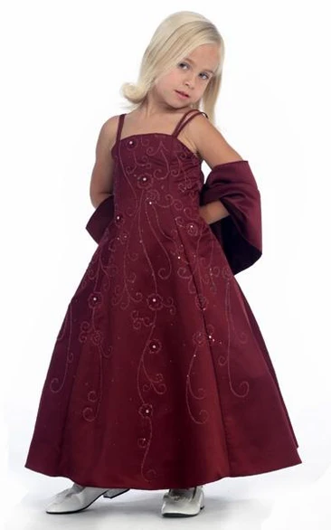 Floral Ankle-Length Beaded Floral Sequins&Satin Flower Girl Dress With Straps