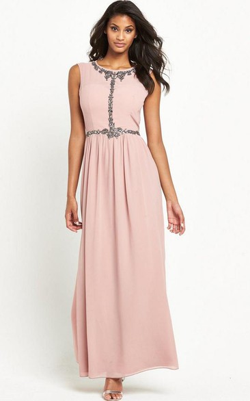 Ankle-Length Scoop Neck Short Sleeve Jeweled Chiffon Bridesmaid Dress