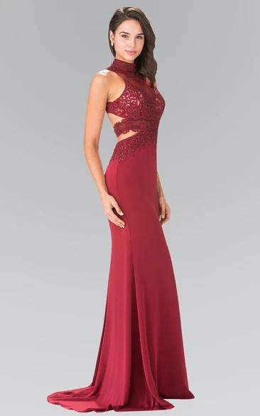 Sheath Long High Neck Sleeveless Jersey Backless Dress With Beading And Appliques