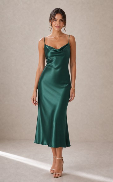 Dark Green Satin Cowl Neck Spaghetti Strap Midi Sheath Dress