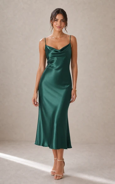 Dark Green Satin Cowl Neck Spaghetti Strap Midi Sheath Dress
