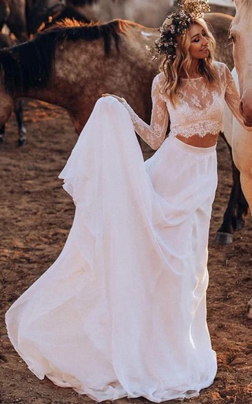 Country/Western Two Piece Bateau-Neck Long Sleeve Chiffon Lace Boho Illusion Beach Wedding Dress