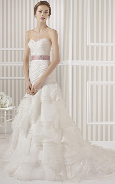 A-Line Sweetheart Long Organza Wedding Dress With Criss Cross And Tiers