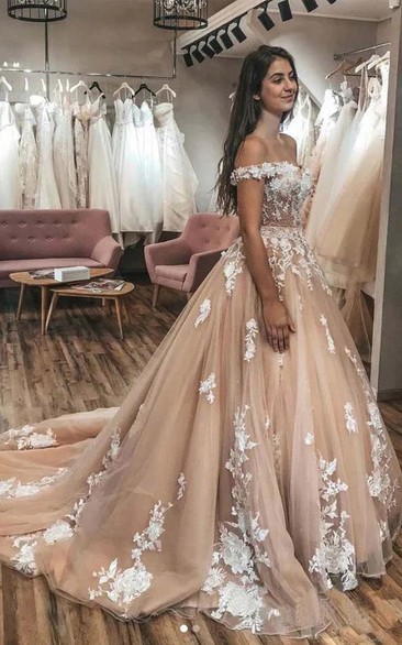 Off-the-shoulder Ball Gown Champagne Lace Applique Exquisite Princess Wedding Dress