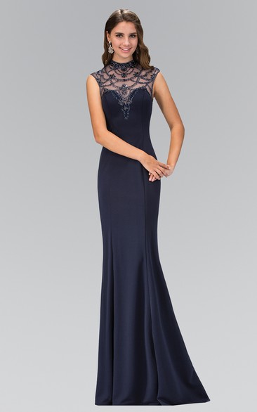 Sheath Jewel-Neck Sleeveless Jersey Keyhole Dress With Beading