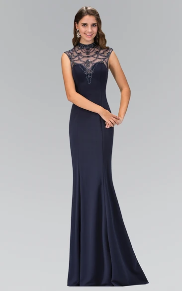 Sheath Jewel-Neck Sleeveless Jersey Keyhole Dress With Beading