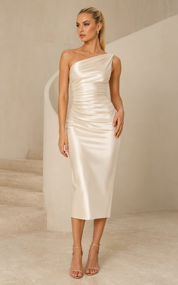 One-Shoulder Satin Sheath Midi Cocktail Dress with Side Ruching
