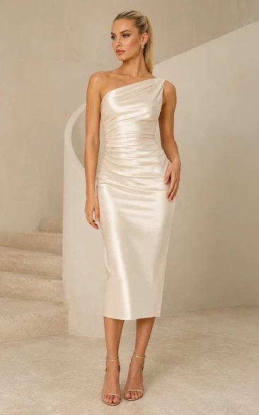 One-Shoulder Satin Sheath Midi Cocktail Dress with Side Ruching