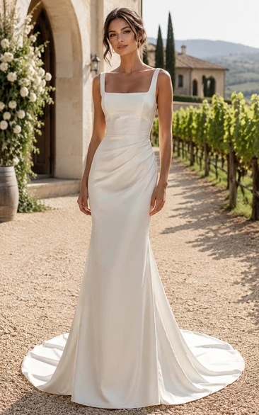 Square Neck Satin Mermaid Wedding Dress with Clean Lines and Sweep Train