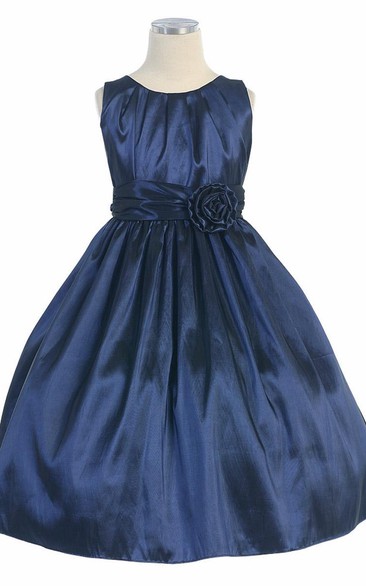 Tea-Length Pleated Taffeta Flower Girl Dress