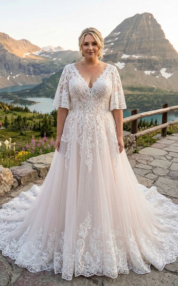 Plus Size Wedding Dress with Short Lace Sleeves, V Neck A-Line Bridal Gown with Lace Train