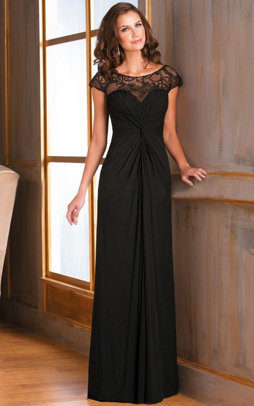Cap-Sleeved Long Ruched Mother Of The Bride Dress With Illusion Lace Neckline