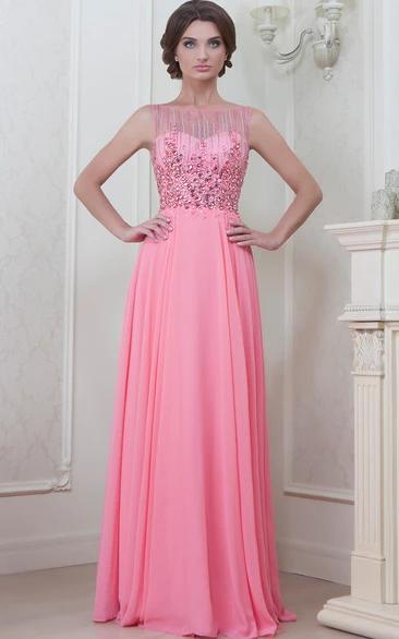 A-Line Floor-Length Beaded Sleeveless Jewel-Neck Chiffon Evening Dress With Pleats