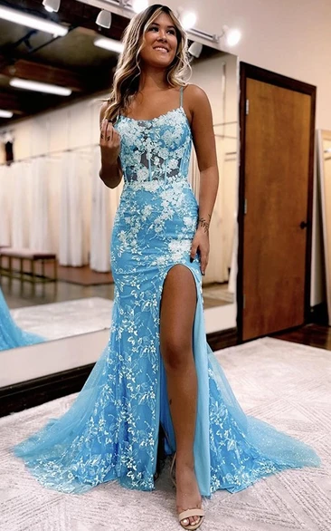 Spaghetti Sky Blue Mermaid Lace Applique Sexy Front Split Prom Dress