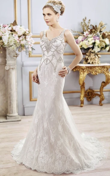 Straps Maxi Beaded Lace Wedding Dress With Court Train And V Back