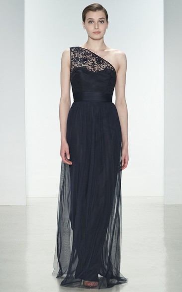 Sheath Long One-Shoulder Sleeveless Pleated Chiffon&Lace Bridesmaid Dress