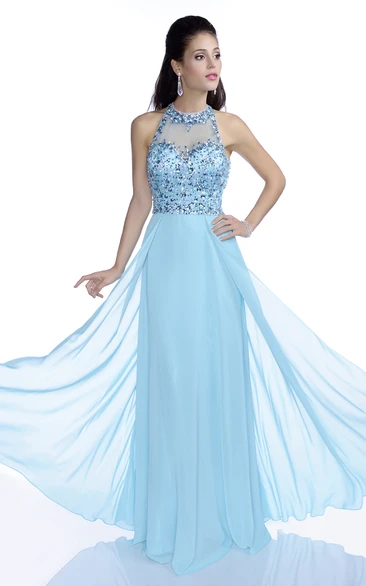 Chiffon A-Line Sleeveless Jewel Neck Prom Dress With Keyhole Back And Beaded Bodice