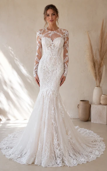 Mermaid Wedding Dress Long Sleeve High Neck Lace Floor Length Chapel Train Ivory
