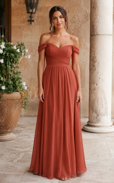 Papaya Off-the-Shoulder Chiffon A-Line Bridesmaid Dress