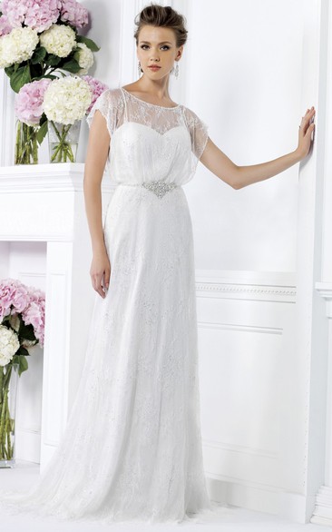 Cap-Sleeved Bateau-Neck Long Gown With Illusion Style And Beaded Waist