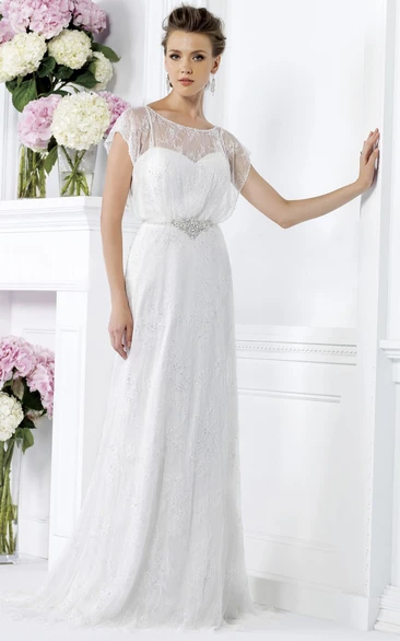 Cap-Sleeved Bateau-Neck Long Gown With Illusion Style And Beaded Waist