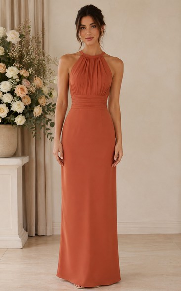 Papaya High Neck Satin Sheath Bridesmaid Dress