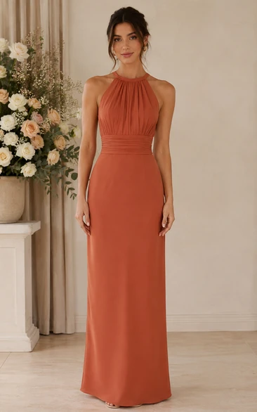 Papaya High Neck Satin Sheath Bridesmaid Dress
