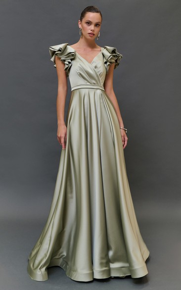 Satin Green Cap Criss-cross Floor-length Dress