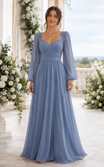 Steel Blue Long Sleeve Sweetheart A-Line Chiffon Bridesmaid Dress