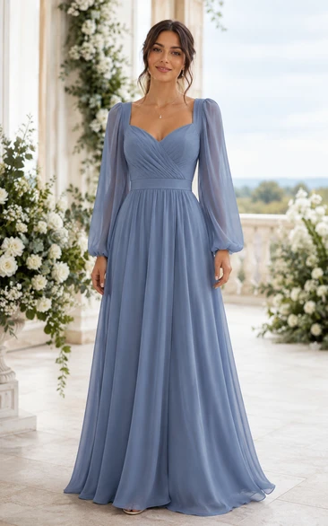 Steel Blue Long Sleeve Sweetheart A-Line Chiffon Bridesmaid Dress